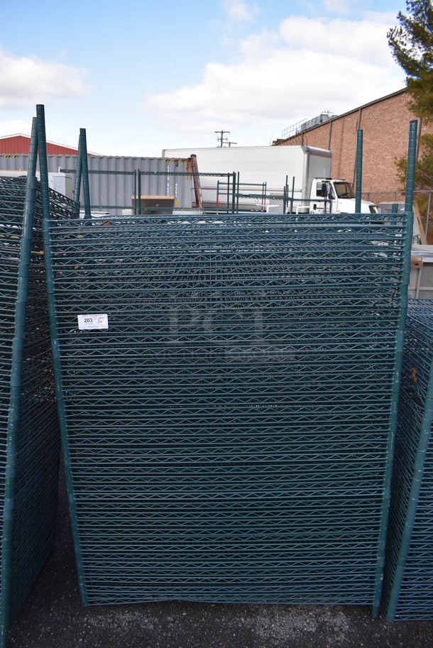 ALL ONE MONEY! Lot of 40 Green Finish Wire Shelves and 4 Poles. 48x24x1.5, 75 - Image 1 of 3