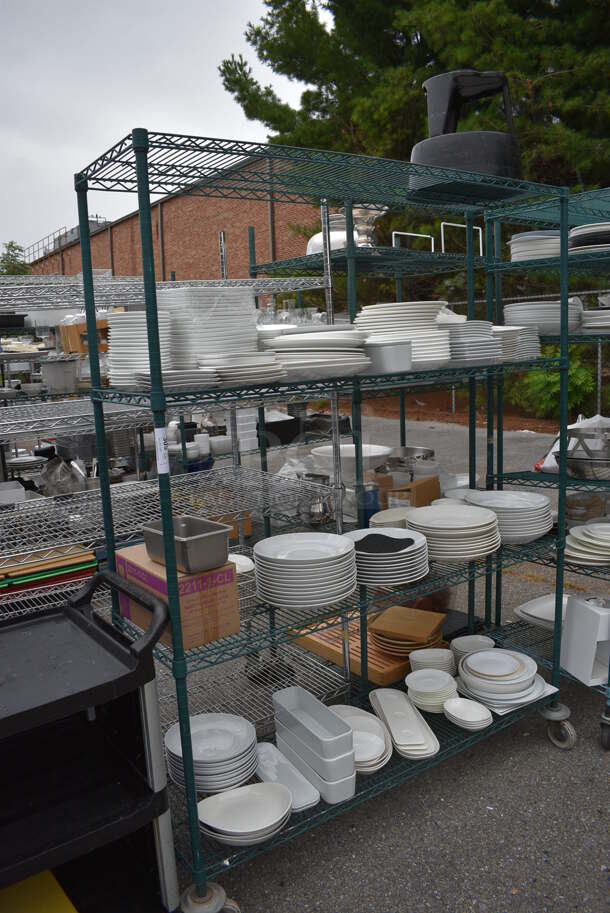 ALL ONE MONEY! Lot of 4 Tiers of Various Smallwares Including White Ceramic Plates, Stool. Does Not Include Shelving Unit - Image 2 of 5