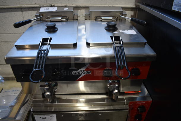 BRAND NEW SCRATCH AND DENT! 2024 Crosson EF-6V-2 Stainless Steel Commercial Countertop Electric Powered 2 Bay Fryer w/ 2 Metal Fry Baskets and 2 Lid. 120 Volts, 1 Phase. - Image 2 of 7