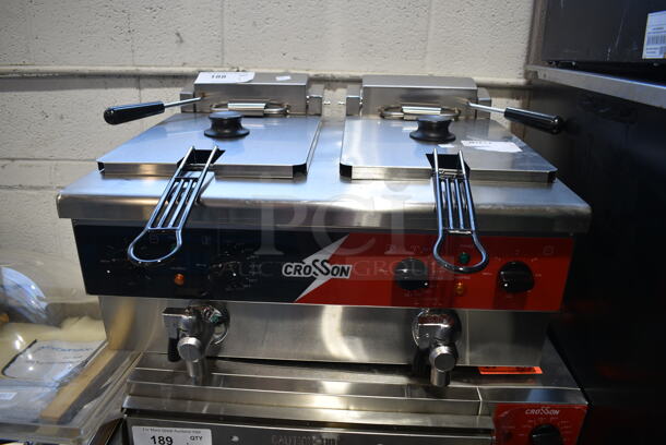 BRAND NEW SCRATCH AND DENT! 2024 Crosson EF-6V-2 Stainless Steel Commercial Countertop Electric Powered 2 Bay Fryer w/ 2 Metal Fry Baskets and 2 Lid. 120 Volts, 1 Phase. - Image 3 of 7