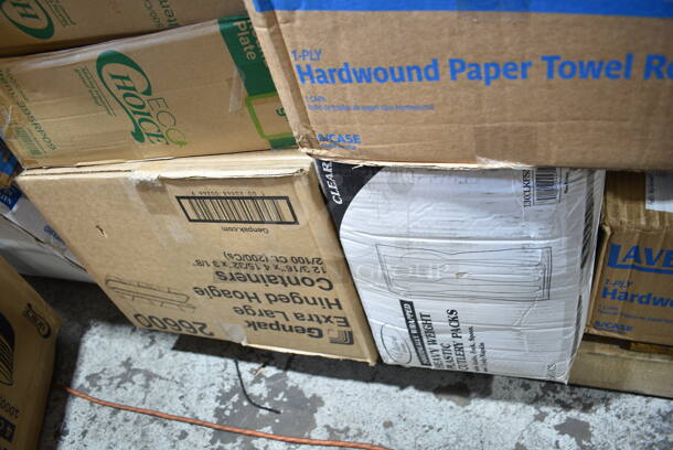PALLET LOT of 40 BRAND NEW Boxes Including 5001RTSELNAT Lavex Select 1-Ply Natural Kraft Paper Towel Roll, 665 Feet / Roll - 6/Case, 130ROLLKFSSH Visions 18" x 15 1/2" Pre-Rolled Linen-Feel White Napkin and Hammersmith Heavy Weight Silver Plastic Cutlery Set - 100/Case, 500AL301BALL Ball 9 oz. Customizable Aluminum Cup with Ball Logo Design - 645/Case, 128HD32COMBO ChoiceHD 32 oz. Microwavable Translucent Plastic Deli Container and Lid Combo Pack - 240/Case, 394325L Noble NexGen Powder-Free Disposable Blue Hybrid 3 Mil Thick Gloves - Large - 1000/Case, 50010CAFE Choice 10 oz. Cafe Print Poly Paper Hot Cup - 1000/Case, 2 Box 5001RT800B Lavex 8" White Hardwound Paper Towel, 800 Feet / Roll - 6/Case, 2 Box 395RPO9 EcoChoice Compostable Sugarcane / Bagasse 9" Plate - 500/Case, 128HD16BULK ChoiceHD 16 oz. Microwavable Translucent Plastic Deli Container - 480/Case, 150300414 Bagcraft EcoCraft 6" x 6 1/2" Grease-Resistant Sandwich Bag - 2000/Case, 347RPBD10WHS Visions 10" White Plastic Plate with Silver Bands - 120/Case. 40 Times Your Bid! - Image 9 of 12