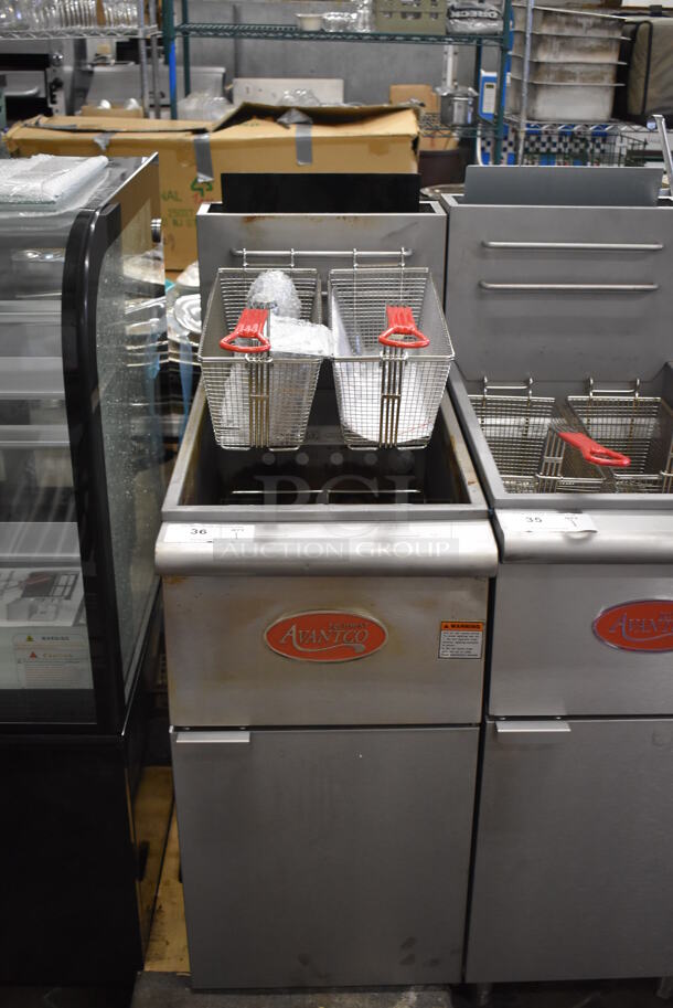 2021 Avantco FF400-P Stainless Steel Commercial Floor Style Propane Gas Powered Deep Fat Fryer w/ 2 Metal Fry Baskets. 120,000 BTU. 15.5x30x46 - Image 1 of 8