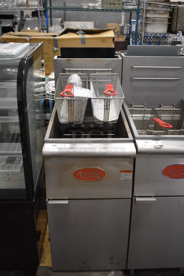 2021 Avantco FF400-P Stainless Steel Commercial Floor Style Propane Gas Powered Deep Fat Fryer w/ 2 Metal Fry Baskets. 120,000 BTU. 15.5x30x46