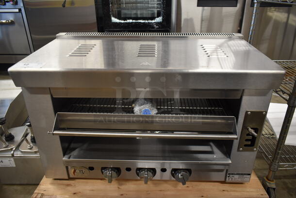 BRAND NEW SCRATCH AND DENT! 2022 Cooking Performance Group CPG 351S36SBN Stainless Steel Commercial Natural Gas Powered Salamander Broiler Cheese Melter. 36,000 BTU. - Image 1 of 7