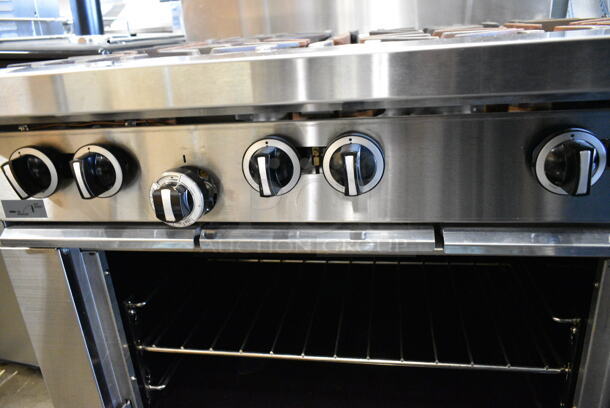 BRAND NEW SCRATCH AND DENT! 2024 Garland G36-6R Stainless Steel Commercial Natural Gas Powered 6 Burner Range w/ Oven, Over Shelf and Back Splash.  - Image 7 of 9