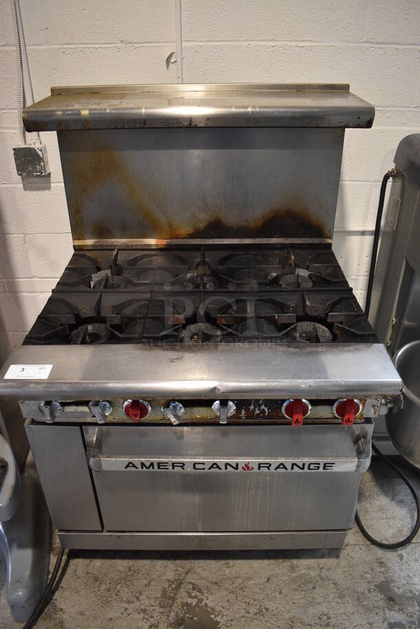 American Range Stainless Steel Commercial Natural Gas Powered 6 Burner Range w/ Oven, Over Shelf and Back Splash on Commercial Casters. 36x32.5x56.5 - Image 1 of 7