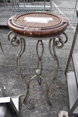 Metal Stool w/ Wood Pattern Top. 13.5x13.5x34.5