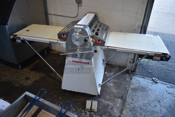 American Eagle AE-DS 52 Metal Commercial Reversible Dough Sheeter on Commercial Casters. 220 Volts, 1 Phase.