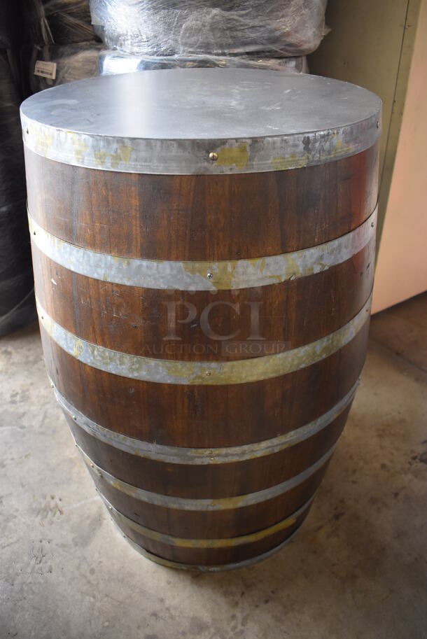 3 Wooden and Metal Barrels. Stock Picture - Cosmetic Condition May Vary. 26x26x37.5. 3 Times Your Bid!