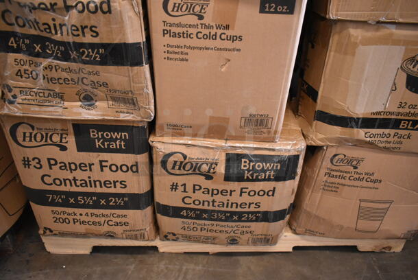 PALLET LOT of 40 BRAND NEW Boxes Including 2 Box 795PTOKFT1 Choice 4 5/8" x 3 1/2" x 2 1/2" Kraft Microwavable Folded Paper #1 Take-Out Container - 450/Case, 795PTOKFT3 Choice Kraft Microwavable Folded Paper #3 Take-Out Container 7 3/4" x 5 1/2" x 2 1/2" - 200/Case, 2 Box 500TW12 Choice 12 oz. Translucent Thin Wall Plastic Cold Cup - 1000/Case, 966UPWIDEB-500 OneUp Choice White Dispenser Napkin, 274MOPBCKTGY Lavex 35 Qt. Gray Mop Bucket & Side Press Wringer Combo, 129MCR32B Choice 32 oz. Black Round Microwavable Heavy Weight Container with Lid 7 1/4" - 150/Case, 1500100 Kari-Out Company 1/2 lb. Square Glassine Bag - 1000/Case, 3 Box 1/2 LB Glassine Bags, 433NHTBIO EcoChoice 1/6 Standard Size Biodegradable Standard-Duty Plastic T-Shirt Bag - 500/Case, 394403L Noble Large Gloves. 40 Times Your Bid! - Image 4 of 6