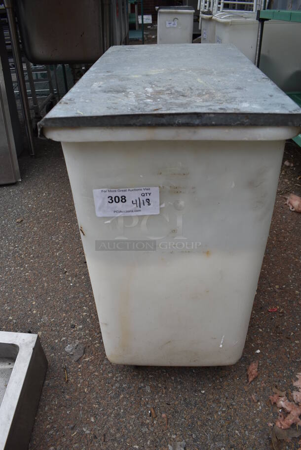 White Poly Ingredient Bin w/ Metal Lid on Commercial Casters.