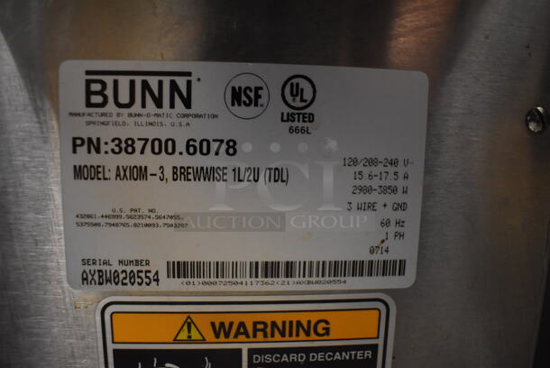 2014 Bunn AXIOM-3 Stainless Steel Commercial Countertop 3 Burner Coffee Machine. 120/208-240 Volts, 1 Phase. 8x18x20 - Image 4 of 4