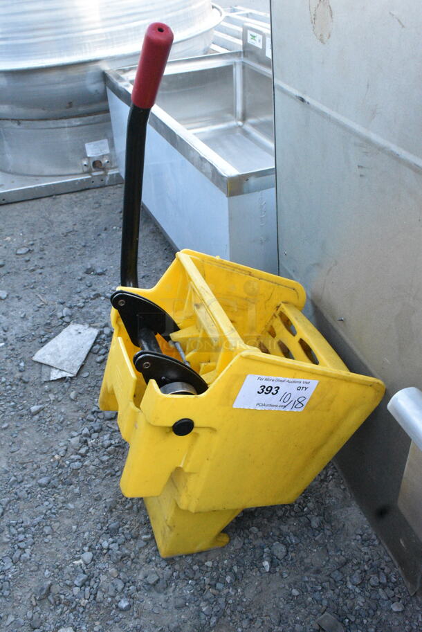 Yellow Poly Mop Bucket w/ Wringing Attachment on Casters.  - Image 6 of 6