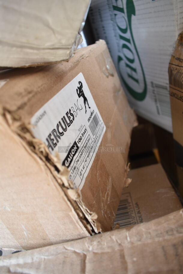 PALLET LOT of 26 BRAND NEW Boxes Including 347RPBD10WHS Visions 10" White Plastic Plate with Silver Bands - 120/Case, 5014046XXH Lavex Pro 45 Gallon 3 Mil 40" x 46" Low Density Heavy-Duty Industrial Contractor Black Trash Bag / Can Liner - 50/Case, 612605070 Choice Full Size Foil Steam Table Pan Deep 3 3/8" Depth - Full Size Deep - 50/Case, 500CC16 Choice Clear PET Customizable Plastic Cold Cup - 16 oz. - 1000/Case, 2 Box 129MCS28B Choice 28 oz. Black Rectangular Microwavable Heavy Weight Container with Lid 8 3/4" x 6 1/4" x 1 3/4" - 150/Case, 500L1020B Choice Black Hot Paper Cup Travel Lid for 10-24 oz. Standard Cups and 8 oz. Squat Cups - 1000/Case, 9CPWCR Dart 9" 3 Compartment White Non-Laminated Round Foam Plate - 500/Case, 5014347HVY Hercules Trash Bags, 999P400C Choice 4 oz. Clear Plastic Souffle Cup / Portion Cup - 100/Pack, 600WS1236 Regency 18 Gauge Stainless Steel 12" x 36" Solid Wall Shelf, 795PTOKFT8 Choice Kraft Microwavable Folded Paper #8 Take-Out Container 6" x 4 3/4" x 2 1/2" - 300/Case, 966TALLFLDB Choice White Tall-Fold 6" x 13" Dispenser Napkin - 8000/Case. 26 Times Your Bid!  - Image 7 of 12