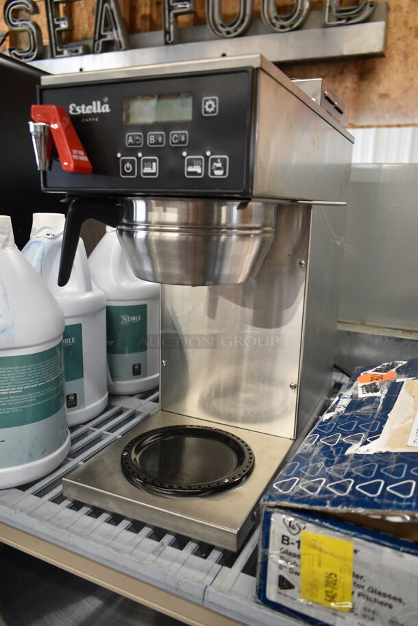 BRAND NEW SCRATCH AND DENT! Estella AIG2DAF Stainless Steel Commercial Countertop Automatic Coffee Brewer with 2 Decanter Warmers and Digital Display. 120 Volts, 1 Phase.  - Image 3 of 8