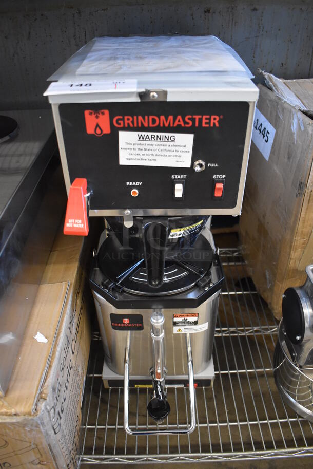 BRAND NEW! Grindmaster P200E Stainless Steel Commercial Countertop Coffee Machine w/ Hot Water Dispenser and Poly Brew Basket. 120 Volts, 1 Phase. 9.5x21x24. Tested and Working!