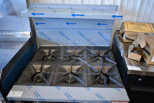 BRAND NEW SCRATCH AND DENT! Vulcan 36S-6BN Stainless Steel Commercial Natural Gas Powered 6 Burner Range w/ Oven, Over Shelf and Back Splash.  - Image 2 of 12