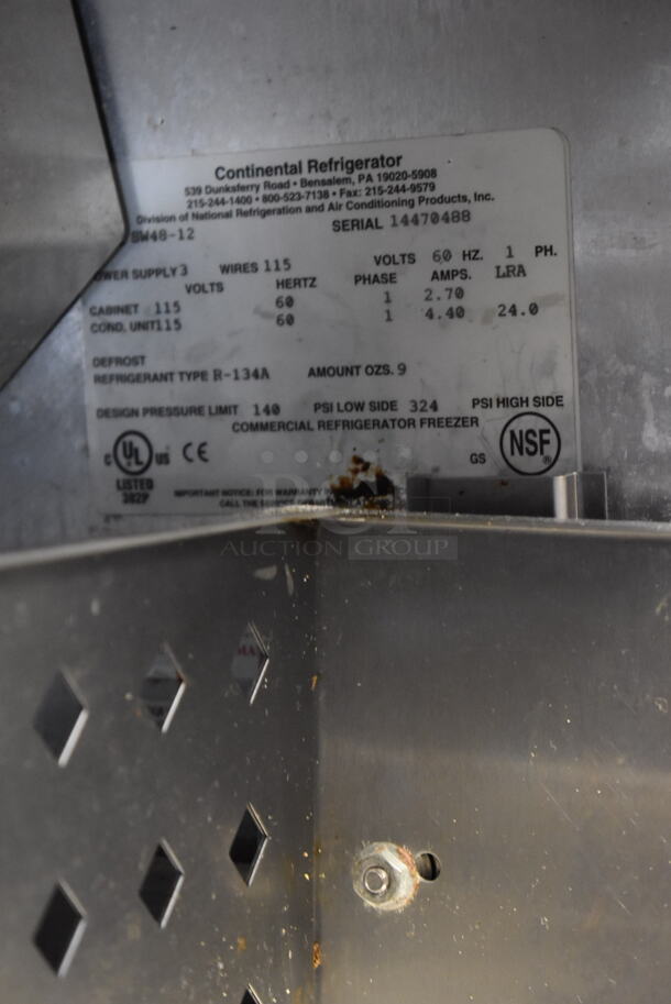 Continental SW48-12 Stainless Steel Commercial Sandwich Salad Prep Table Bain Marie Mega Top w/ 4 Drawers on Commercial Casters. 115 Volts, 1 Phase. 48x30x44. Tested and Powers On But Temps at 58 Degrees - Image 9 of 9