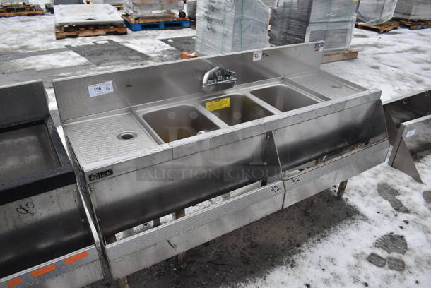 Perlick Stainless Steel 3 Bay Sink w/ Dual Drain Boards, Faucet, Handles and 2 Speedwells. 60x25x36