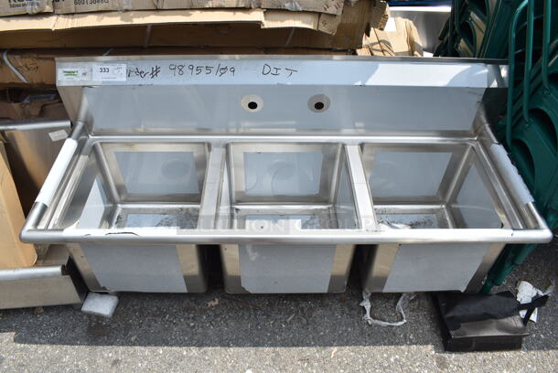 BRAND NEW SCRATCH AND DENT! Regency 600S31515 54" 16-Gauge Stainless Steel Three Compartment Commercial Sink with Galvanized Steel Legs and without Drainboards - 15" x 15" x 12" Bowls. No Legs - Image 2 of 8