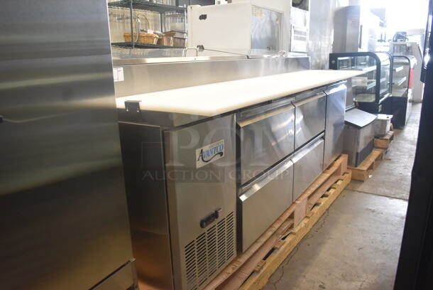 BRAND NEW SCRATCH AND DENT! Avantco SSPPT-3 93" 4 Drawer 1 Door Refrigerated Pizza Prep Table on Commercial Casters. 115 Volts 1 Phase. Tested and Working! - Image 1 of 10