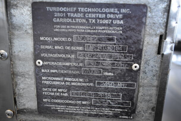 2018 Turbochef Encore2 Stainless Steel Commercial Countertop Electric Powered Rapid Cook Oven. 208/240 Volts, 1 Phase.  - Image 2 of 6