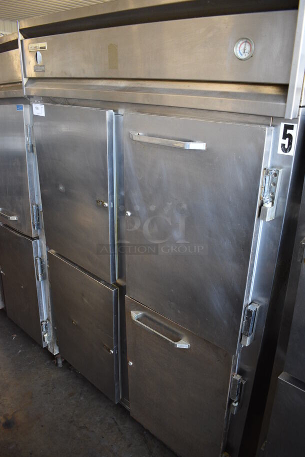 Continental 2RF-SA-HD Stainless Steel Commercial 4 Half Size Door Reach In Cooler and Freezer Combo on Commercial Casters. 115 Volts, 1 Phase. 52x34x82. Tested and Powers On But Does Not Get Cold