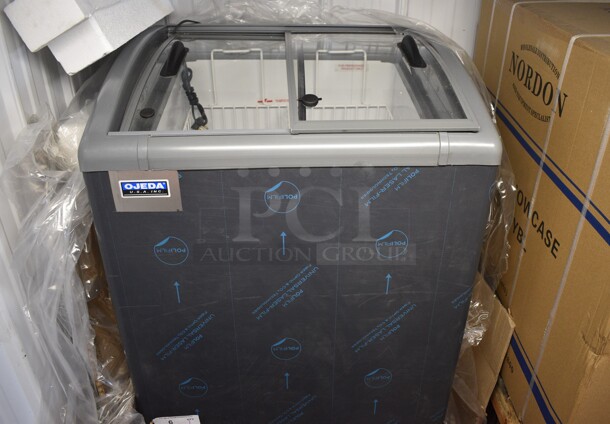 BRAND NEW! Ojeda Model NBH-28 Metal Commercial Chest Freezer Merchandiser on Commercial Casters. 28x26x32