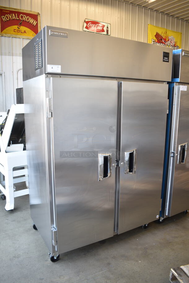 BRAND NEW SCRATCH AND DENT! 2024 Delfield 6051XL-S Stainless Steel Commercial 2 Door Reach In Cooler w/ Racks on Commercial Casters. 115 Volts, 1 Phase. Tested and Working! - Image 3 of 7
