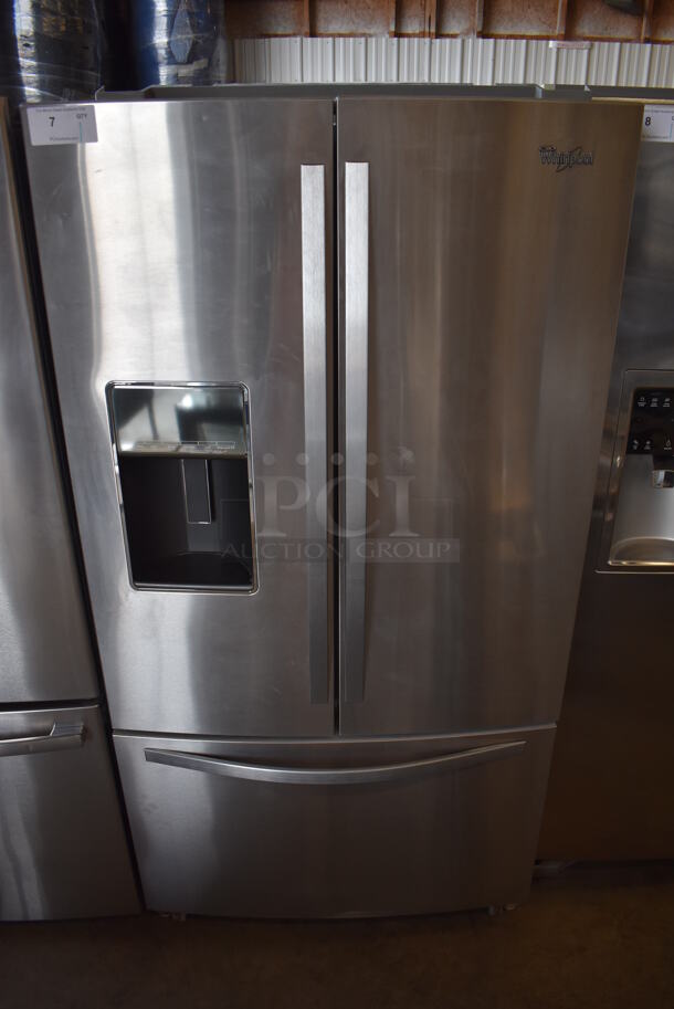 BRAND NEW SCRATCH AND DENT! Whirlpool WRF997SDDM00 Stainless Steel Commercial French Style Cooler Freezer Combo Unit w/ Water and Ice Dispenser. 115 Volts, 1 Phase. 36x36x70. Tested and Powers On and Cooler Works But Freezer Temps at 44 Degrees