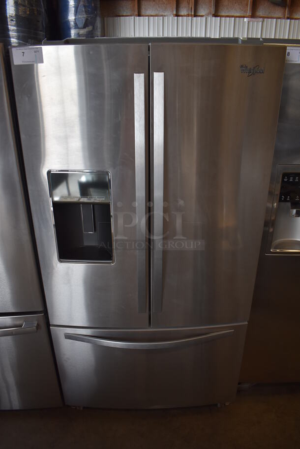 BRAND NEW SCRATCH AND DENT! Whirlpool WRF997SDDM00 Stainless Steel Commercial French Style Cooler Freezer Combo Unit w/ Water and Ice Dispenser. 115 Volts, 1 Phase. 36x36x70. Tested and Powers On and Cooler Works But Freezer Temps at 44 Degrees - Image 1 of 12