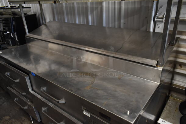 Randell Stainless Steel Commercial Pizza Prep Table w/ 6 Drawers and 2 Tier Over Shelf on Commercial Casters. Tested and Powers On But Does Not Get Cold - Image 4 of 7