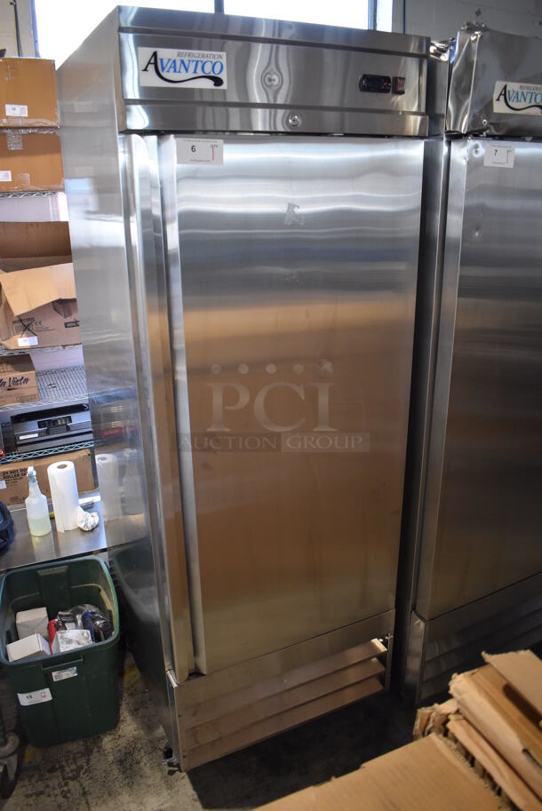 LIKE NEW! Avantco 178SS1RHC Stainless Steel Commercial Single Door Reach In Cooler w/ Poly Coated Racks on Commercial Casters. 115 Volts, 1 Phase. 29x33x82.5. Tested and Powers On But Does Not Get Cold - Image 3 of 5