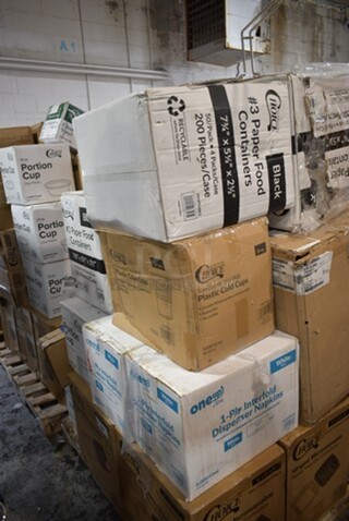 PALLET LOT of 25 BRAND NEW Boxes Including 2 Box 500TO883 Choice 8" x 8" x 3" Microwaveable 1-Compartment Black / Clear Plastic Hinged Container - 100/Case, 2 Box 795PTOBK3 Choice 7 3/4" x 5 1/2" x 2 1/2" Black Microwavable Folded Paper #3 Take-Out Container - 200/Case, 500TW14 Choice 14 oz. Translucent Thin Wall Plastic Cold Cup - 1000/Case, 966UPWIDEB1 OneUp by Choice White 1-Ply Wide Interfold 6 1/2" x 8 1/2" Dispenser Napkin - 6000/Case, 3941085XL Lavex Powder-Free Disposable Nitrile Black 5 Mil Thick Textured Gloves - Extra Large - 1000/Case, 4385M Noble Products White Powder-Free Disposable Latex Gloves for Foodservice - Medium - 1000/Case, Cambro UPCS400131 Ultra Pan Carrier® S-Series Dark Brown Front Loading Insulated Food Pan Carrier with Menu Clip / Pocket - Holds 6 Pans, 999RP10BKSS Visions Wave 10" Black Plastic Plate - 18/Pack, 2 Box 600BDR42 Regency 42" Stainless Steel Underbar Mount Beer Drip Tray. 25 Times Your Bid!