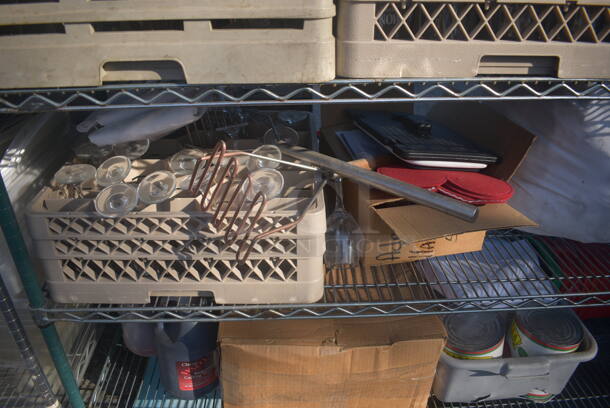 ALL ONE MONEY! Lot of Items Including Open Utility Shelf With Metro Style Shelving On Commercial Casters, Dish Caddies, Glasses, Cooking Wine, Cutting Boards, Receipt Paper, Red Buckets With Steel Handles, AND MORE! BUYER MUST DISMANTLE. PCI CANNOT DISMANTLE FOR SHIPPING. PLEASE CONSIDER FREIGHT CHARGES. - Image 9 of 11