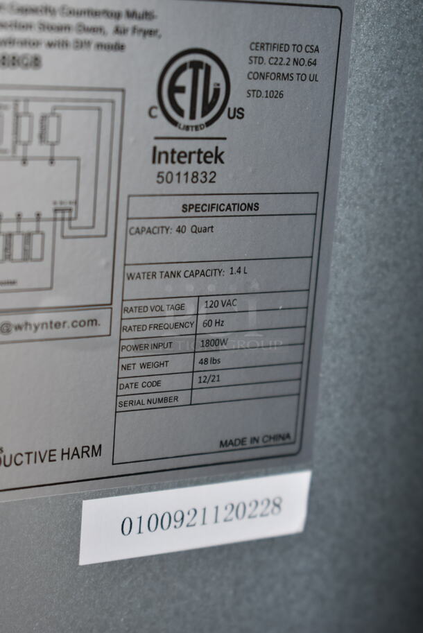 BRAND NEW SCRATCH AND DENT! Whynter TSO-488GB Stainless Steel Commercial Countertop Multi-Function Intelligent Convection Steam Oven Air Fryer. 120 Volts, 1 Phase. Tested and Working! - Image 8 of 9