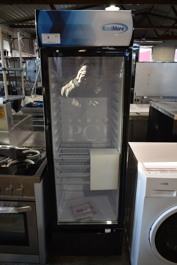 BRAND NEW SCRATCH AND DENT! KoolMore MDR-9CP Metal Commercial Single Door Reach In Cooler Merchandiser w/ Poly Coated Racks. 115 Volts, 1 Phase. Tested and Working!