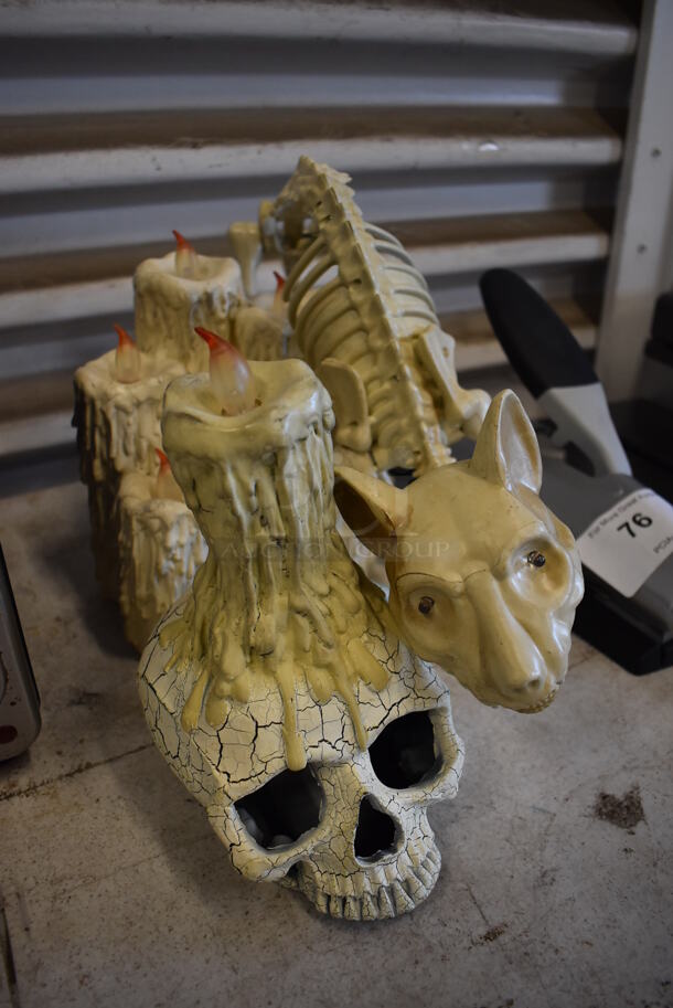 ALL ONE MONEY! Lot of Hole Punch and 3 Halloween Decorations; Cat Skeleton, Head Skeleton w/ Candle and Multi Candle. Includes 13x4.5x6.5 - Image 2 of 5