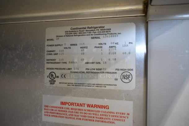 2021 Continental 2F Stainless Steel Commercial 2 Door Reach In Freezer w/ Poly Coated Racks on Commercial Casters. 115 Volts, 1 Phase. Tested and Does Not Power On. Appears to Need to be Rewired and a New Power Cord - Image 6 of 6