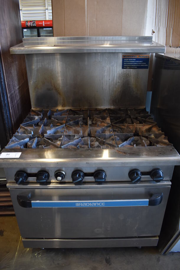 Radiance Stainless Steel Commercial Natural Gas Powered 6 Burner Range w/ Oven, Over Shelf and Back Splash. 36x33x57
