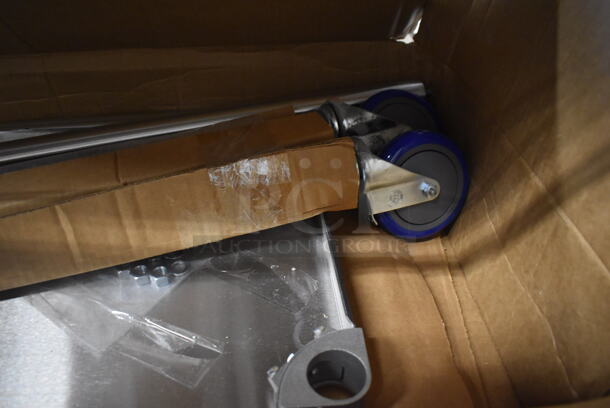 BRAND NEW IN BOX! Stainless Steel Table w/ Under Shelf and 3 Legs on Commercial Casters. Includes 27x17x2 - Image 3 of 3
