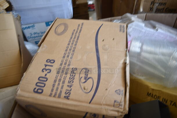 PALLET LOT of 20 BRAND NEW Boxes Including 600-318 Lids, 394385L Noble Gloves, Dart 60HT1 White Foam Hinged Lid Container 6" x 6" x 3" - 500/Case, 2 Box 127SB32COMBO Choice 32 oz. Clear Plastic Salad Bowl with Lid - 150/Case, 130HFWH1M Visions White Heavy Weight Plastic Fork - Case of 1000, 500CC9 Choice 9 oz. Clear PET Customizable Plastic Squat Cold Cup - 1000/Case. 20 Times Your Bid! - Image 2 of 12