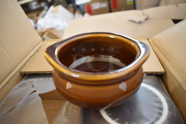 12 BRAND NEW IN BOX! Tuxton BAS-1203 Brown Ceramic Onion Soup Crock Bowls. 5x4.5x2. 12 Times Your Bid!