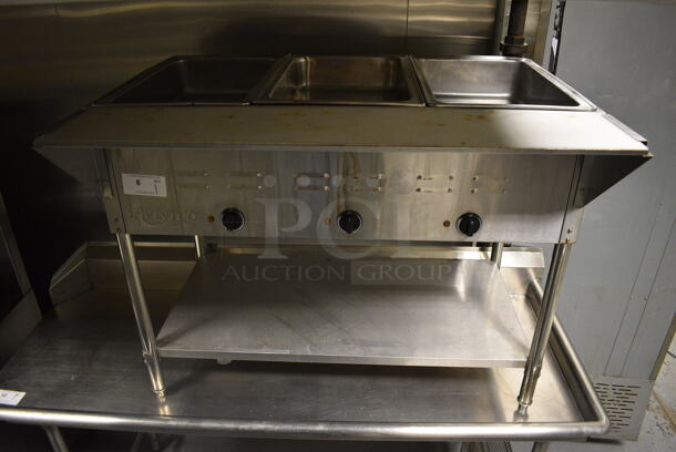 Avantco Stainless Steel Commercial Electric Powered 3 Bay Steam Table w/ Cutting Board and Under Shelf. 43x30x34. Item Was in Working Condition on Last Day of Business. (kitchen)