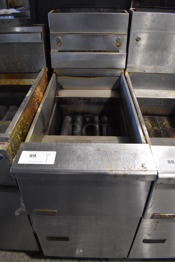 2013 Pitco Frialator SG14 Stainless Steel Commercial Floor Style Natural Gas Powered Deep Fat Fryer. 110,000 BTU. 16x34x53