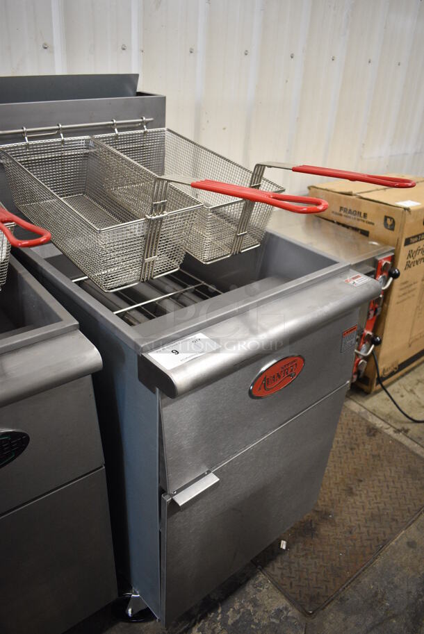 2021 Avantco Model FF518-N Stainless Steel Commercial Floor Style Propane Gas Powered 100 Pound Capacity Deep Fat Fryer w/ 2 Metal Fry Baskets on Commercial Casters. 120,000 BTU. 21x34x47 - Image 2 of 6