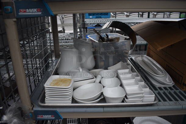 ALL ONE MONEY! Lot of 4 Tiers of Various Smallwares Including White Ceramic Plates, Sign and Poly Lids. Does Not Include Shelving Unit - Image 6 of 8