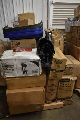 PALLET LOT of 26 BRAND NEW! Boxes Including Regency 460SS2142 Spec Line 21" x 42" NSF Stainless Steel Solid Shelf, 129MCR24B Choice 24 oz. Black Round Microwavable Heavy Weight Container with Lid 7 1/4" - 150/Case, 2 Box Libbey 7505 Vina 18.25 oz. Customizable Balloon Wine / Cocktail Glass - 12/Case, 2 Box Choice Medium Weight White Plastic Soup Spoon - 1000/Case, 130BKFSH Visions Wrapped Black Heavy Weight Plastic Cutlery Pack, 84891005127 Globe Industrial Matte Black Hardwire Pendant Light. 26 Times Your Bid!
