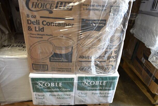 PALLET LOT of 30 BRAND NEW Boxes Including 2 Box 500LFLAT Choice Clear Plastic Flat Lid with Straw Slot - 32 oz. - 500/Case, 2 Box 795PTOKFT3 Choice Kraft Microwavable Folded Paper #3 Take-Out Container 7 3/4" x 5 1/2" x 2 1/2" - 200/Case, Clear Hinged Lid Containers, 2 Choice Black 1.5 oz Portion Cups, 500CC10 Choice 10 oz. Clear PET Plastic Cold Cup - 1000/Case, 2 Box Corrugated White Circles 12", Dinex DX3353IL03 DuraTherm Onyx Insulated 9 oz. Soup Bowl Lid - 48/Case, 2 Box 128HD8COMBO  ChoiceHD 8 oz. Microwavable Translucent Plastic Deli Container and Lid Combo Pack - 240/Case, 2 Box 394365M Medium Noble Gloves, Lavex Black 3946101M Gloves, 2 Box 500CC12 Choice Clear PET Customizable Plastic Cold Cup - 12 oz. - 1000/Case. 30 Times Your Bid! - Image 8 of 12
