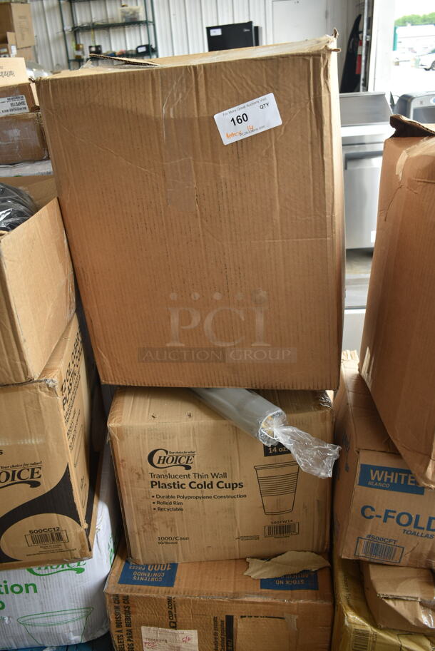 PALLET LOT of 14 BRAND NEW Boxes Including 130WSPOON Choice Medium Weight White Plastic Teaspoon - 1000/Case, 500TW14 Choice 14 oz. Translucent Thin Wall Plastic Cold Cup - 1000/Case, 3 Box 127DM16BULK Choice 16 oz. Ultra Clear PET Plastic Round Deli Container - 500/Case, 500CFT Lavex C Fold Towels, 2 Box 966UPWIDE OneUp by Choice White 1-Ply Wide Interfold 6 1/2" x 8 1/2" Dispenser Napkin - 6000/Case. 14 Times Your Bid! - Image 2 of 7